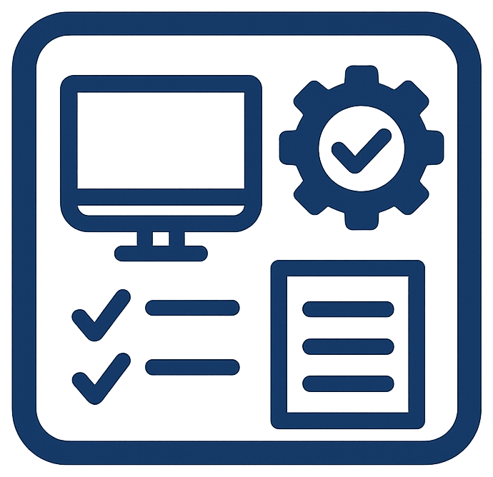 An icon depicting a computer, a checklist, a report and a cog - representing disparate areas of a business measured.