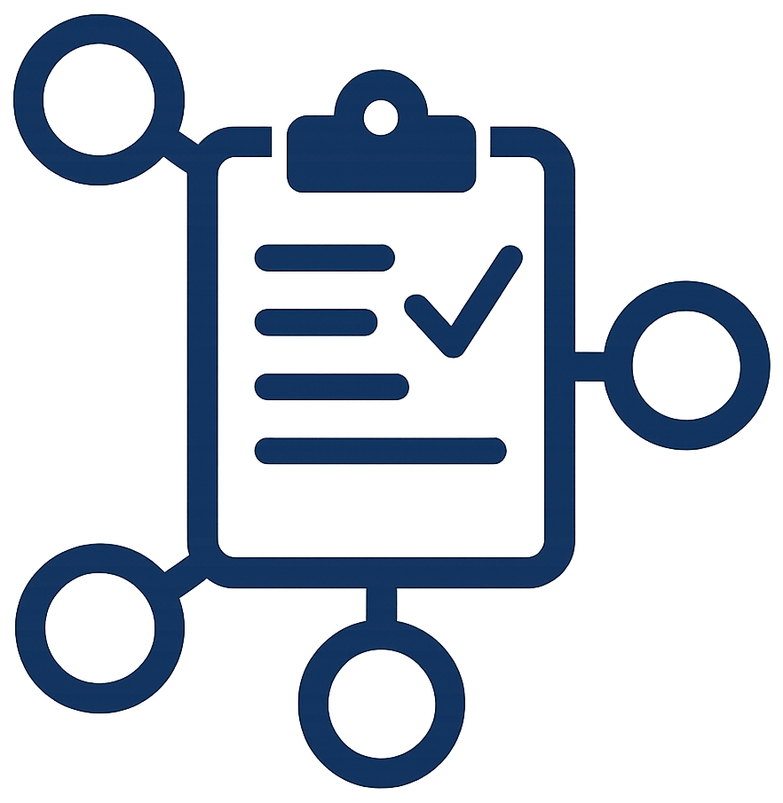 An icon depicting a report on clipboard with a tick, with the clipboard connected to other areas within a company.