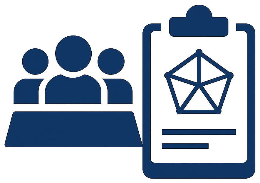 An icon depicting a team of people beside a report, featuring a spider diagram on a clipboard.