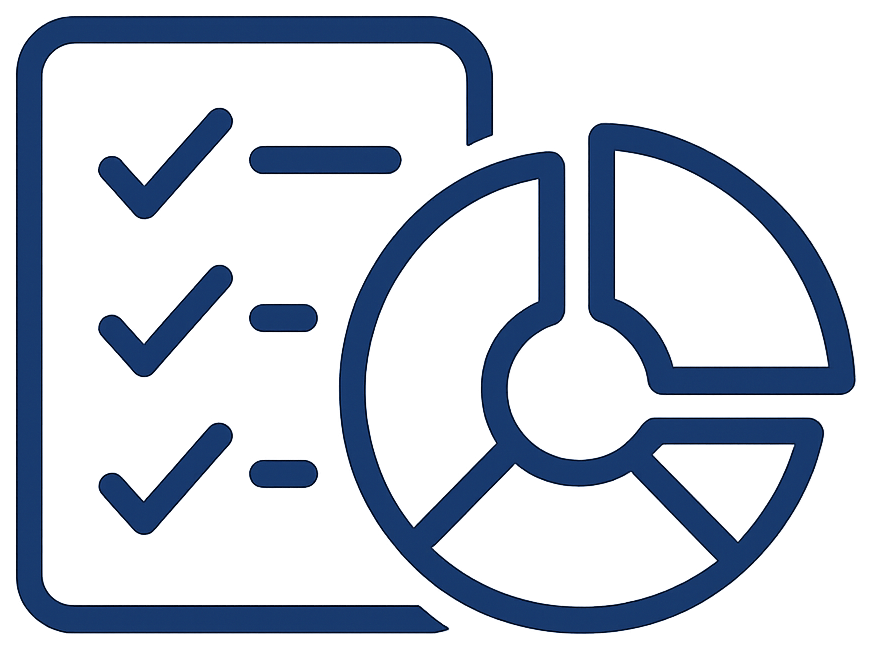 An icon depicting a report with accompanying doughnut-chart.